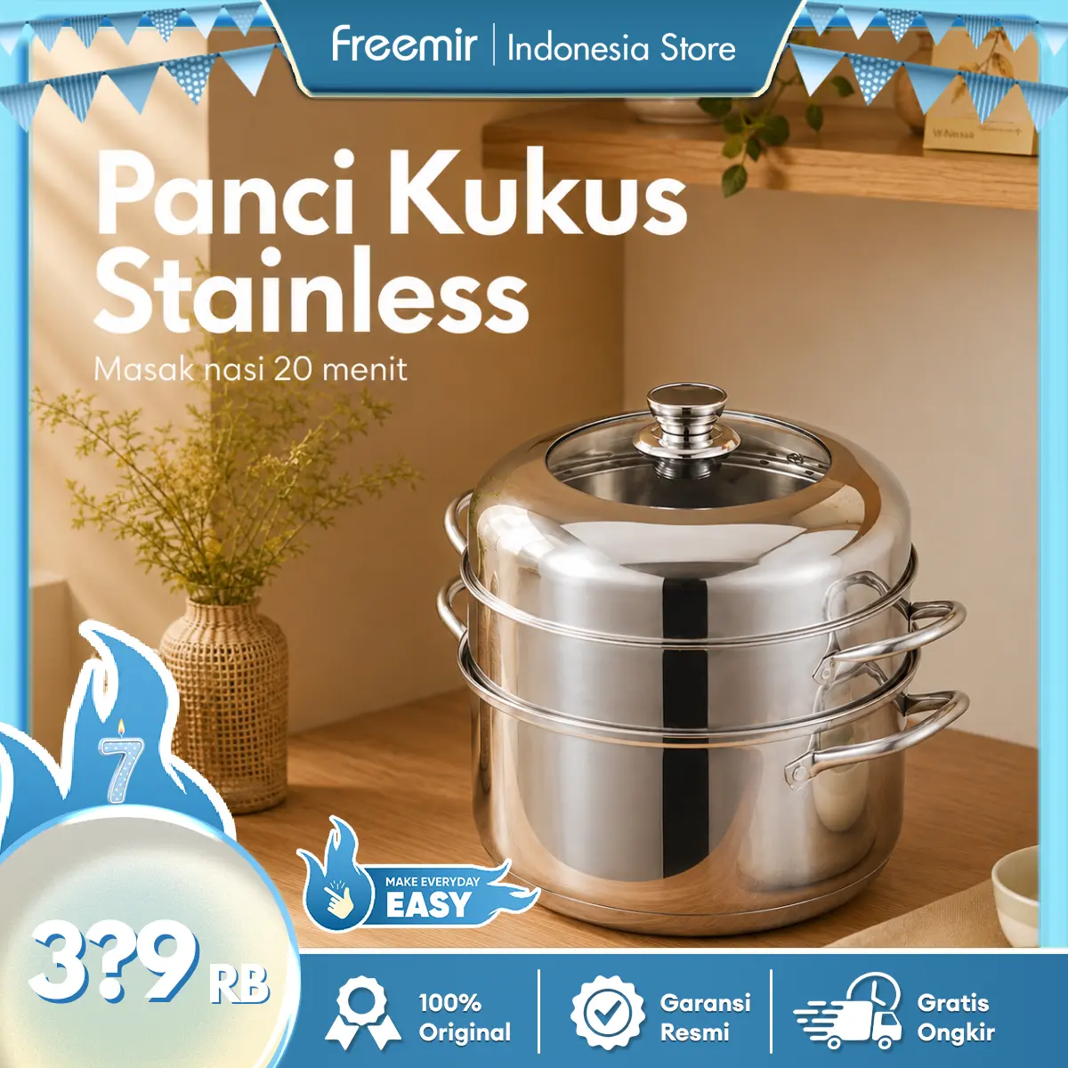 [NEW] freemir Panci Kukus Masak Nasi 25 Menit Stainless Steel Serbaguna Double Bottom Lebih Tebal Perebus Anti Karat Kapasitas Besar Kitchenware Kukusan Pangsit Rebus Siomay Dimsum dandang