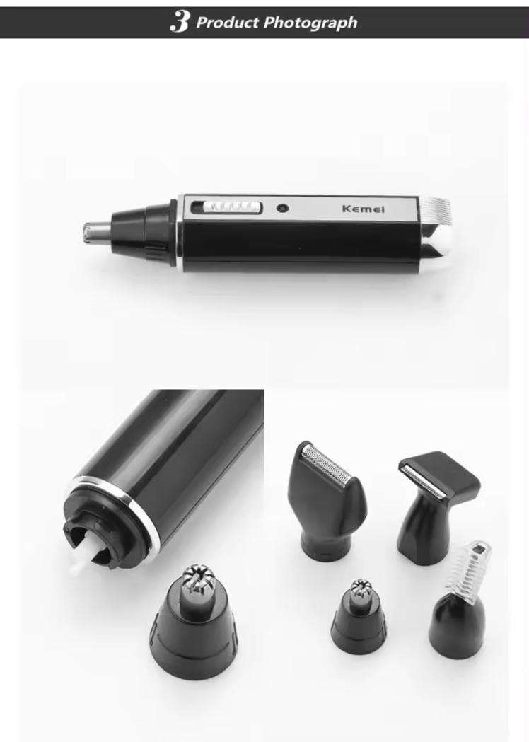 Product Introduction of Kemei KM-6630 4 in 1 Nose Eyebrow Hair Beard Trimmer Rechargeable Electric Shaver Nose Ear Trimmer With Temple Cut for Men 3