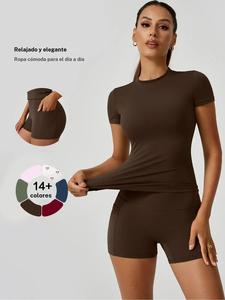 Conjunto de dos piezas para mujer con camiseta sólida y shorts de cintura alta, conjunto deportivo, camiseta deportiva casual de manga corta y shorts ajustados, ropa deportiva de verano para señoras para gimnasio, entrenamiento y correr