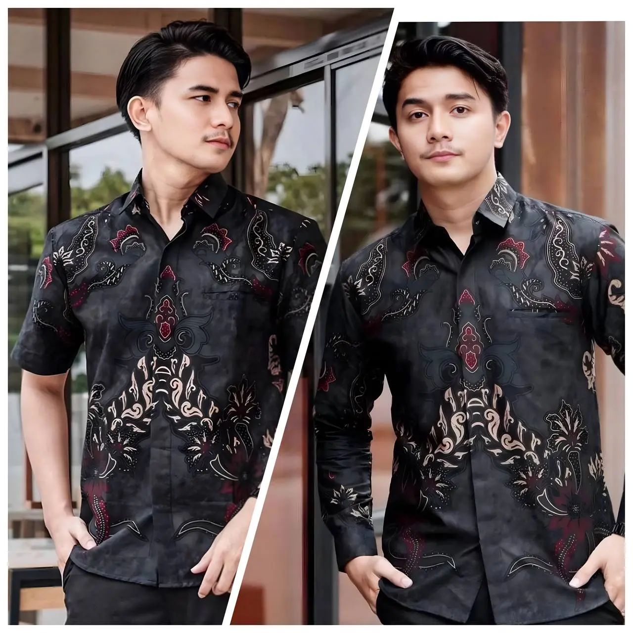 Kemeja Batik Pria Lengan Pendek - Bahan Katun Cowok Distro Dewasa Surfing Atasan Casual Panjang Motif Hitam - Kerja Kemeja batik Keren Hem Nyaman Baju Santai