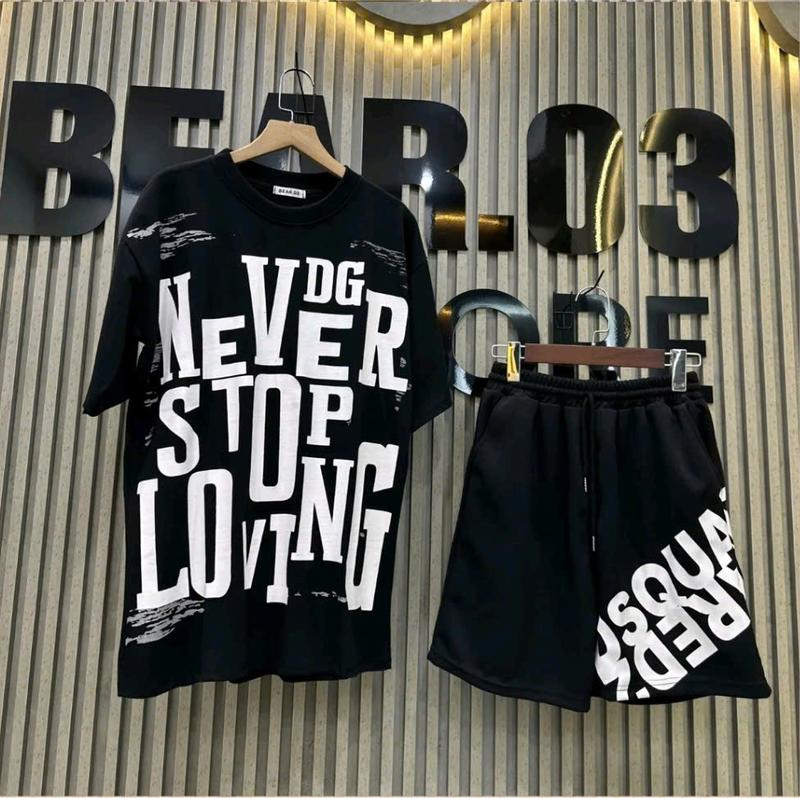B013 Bộ quần áo cộc unisex nam nữ Never - DSQ áo phông in họa tiết Never mix quần đùi gió 2 lớp in D-Q-S chéo