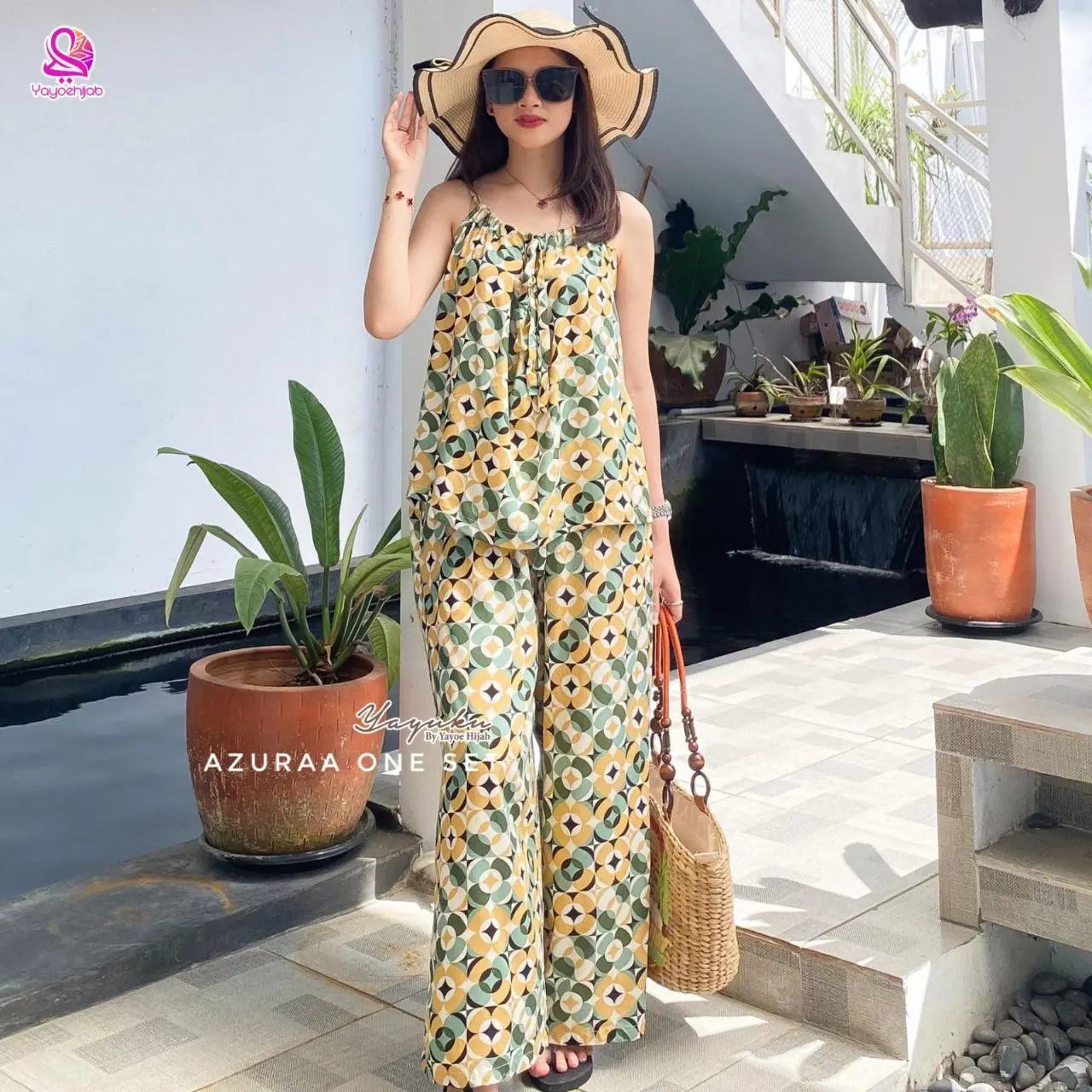 Azura Set Piyama Bahan Katun Rayon Lengan Tali Kutung Celana Panjang Tali Bisa Di Adjust Yayuku by Yayoe Hijab - Wanita, Setelan