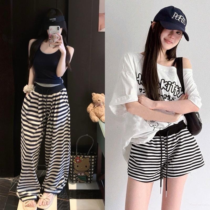    XẢ KHO    Quần ống rộng dài cạp cao + Quần short nữ chất len QC kẻ sọc 