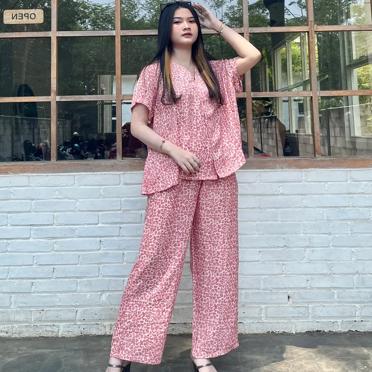 Piyama Wanita Rayon Premium Celana Panjang Jumbo Shera Set Pajamas Ld 120 Cm  Baju Setelan Tidur Dewasa Nyaman Motif Atasan Kerah Katun