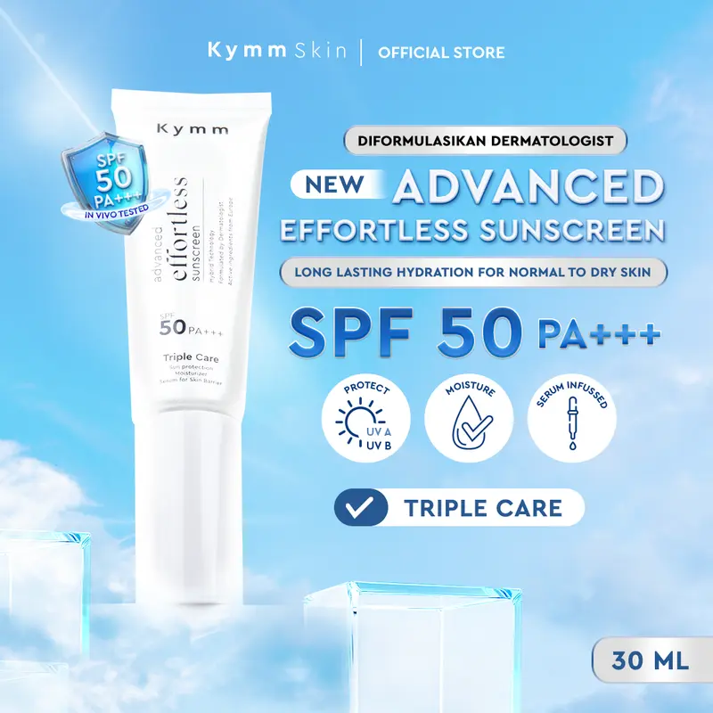 [LIVE] [UPGRADED] KYMM SKIN Advanced Effortless Sunscreen SPF 50 PA+++ | Hybrid Glass Skin Glow Finish for Normal to Dry In Vivo Tested | Perawatan Perlindungan Matahari Sunblock Tabir Surya Skin Barrier Kulit Kering | Ceramide Phytocell Vit C Ectoin 0