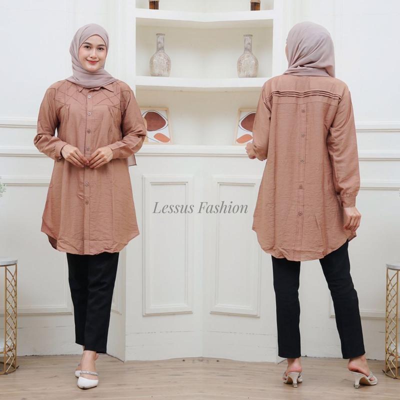 Lissa Tunik Opnaisel Polos polo linen kancing depan belakang|| kemeja wanita polos tunik pololinen|| pakaian muslim wanita atasan kekinian 5