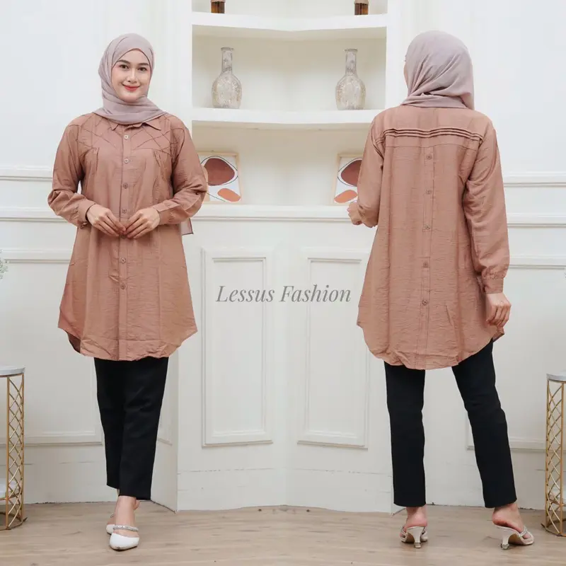 Lissa Tunik Opnaisel Polos polo linen kancing depan belakang|| kemeja wanita polos tunik pololinen|| pakaian muslim wanita atasan kekinian 5