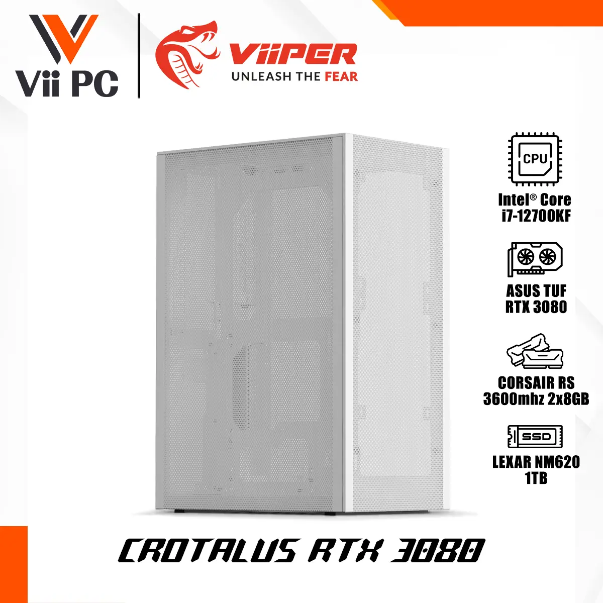 ViiPER PC CROTALUS RTX 3080 Gaming PC, I7-12700KF, GIGABYTE B660I AORUS, TUF RTX 3080 ,SSUPD MESHLICIOUS