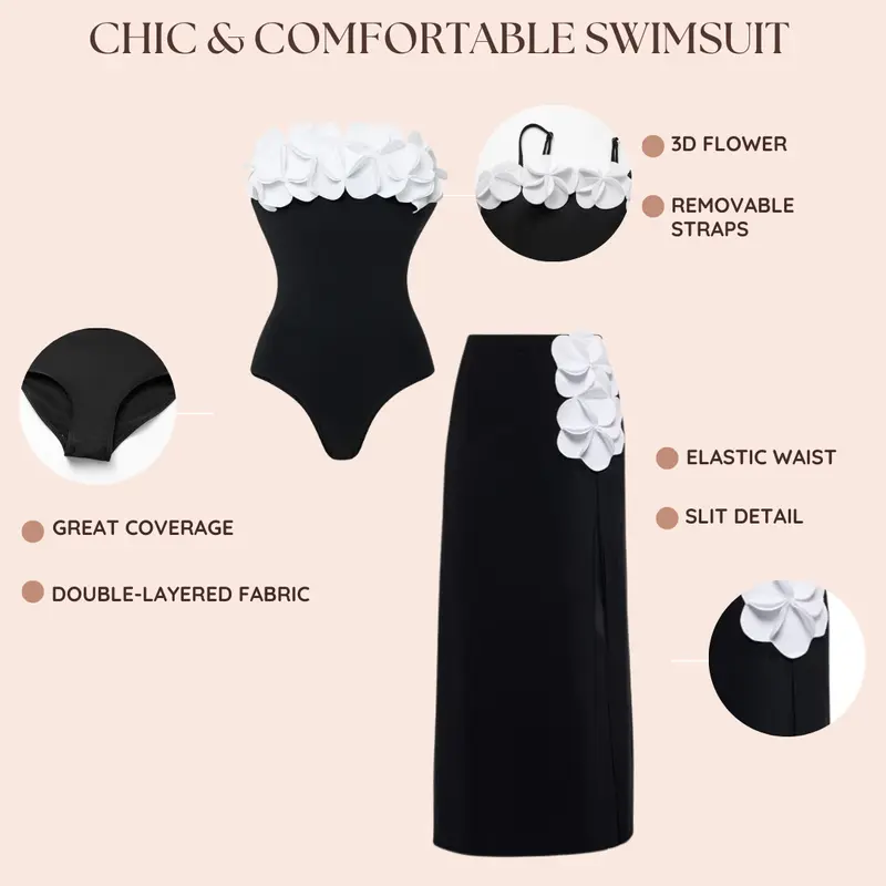 Product Introduction of FLAXMAKER Women's 3D Flower Black and White Color Block One Piece Swimsuit and Matching Cover Skirt Set Swimming Dress Swimwear Beachwear Outdoorfun 2