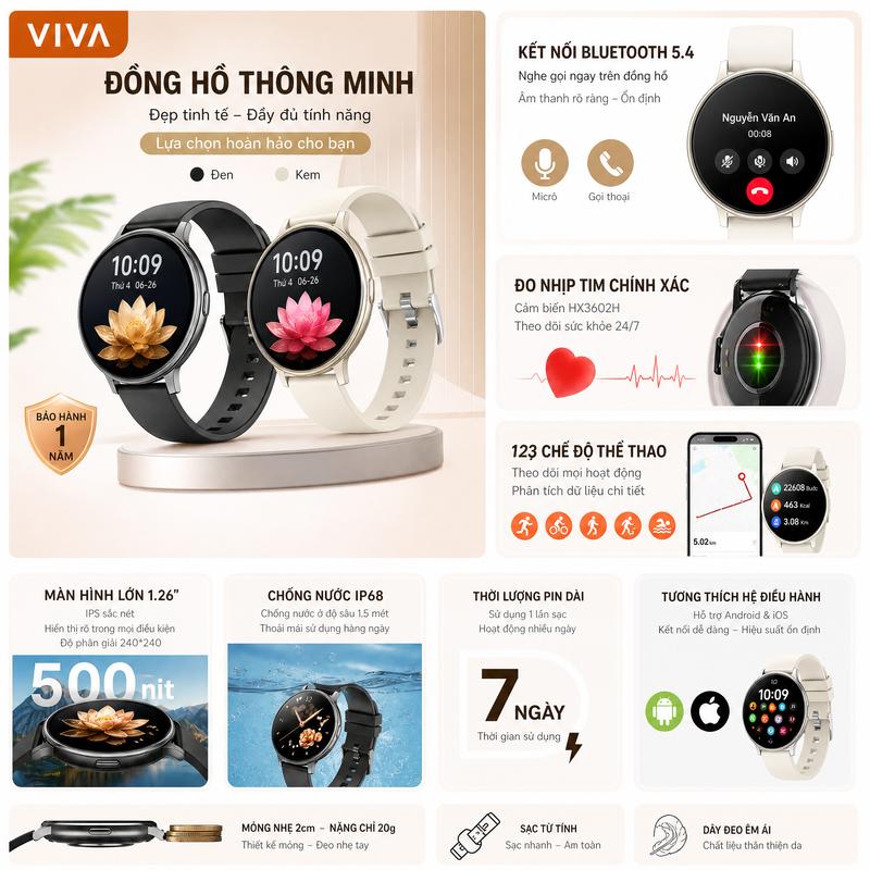 Đồng hồ thông minh VIVA W11 với màn hình siêu mỏng 8,8 mm | | Chống nước IP68 | Màn hình IPS 1,26 inch | Hỗ trợ gọi tích hợp (Bluetooth 5.4) | 123 chế độ thể thao, thoải mái khi đeo cả ngày, đáp ứng mọi nhu cầu sử dụng