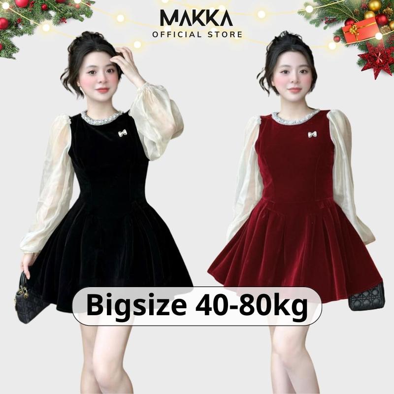  Váy nhung nữ MAKKA váy thiết kế dáng dài phối tay tơ cổ đính đá ngọc gắn nơ ngực siêu xinh 5010 