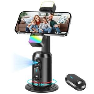 自動フェイストラッキング三脚、360°回転式スマートカメラスタンド、LEDフィルトライト、アプリ不要、ジェスチャーコントロール、取り外し可能なリモコン付き、Vlogやライブ配信に最適なスマホ用アクセサリー
