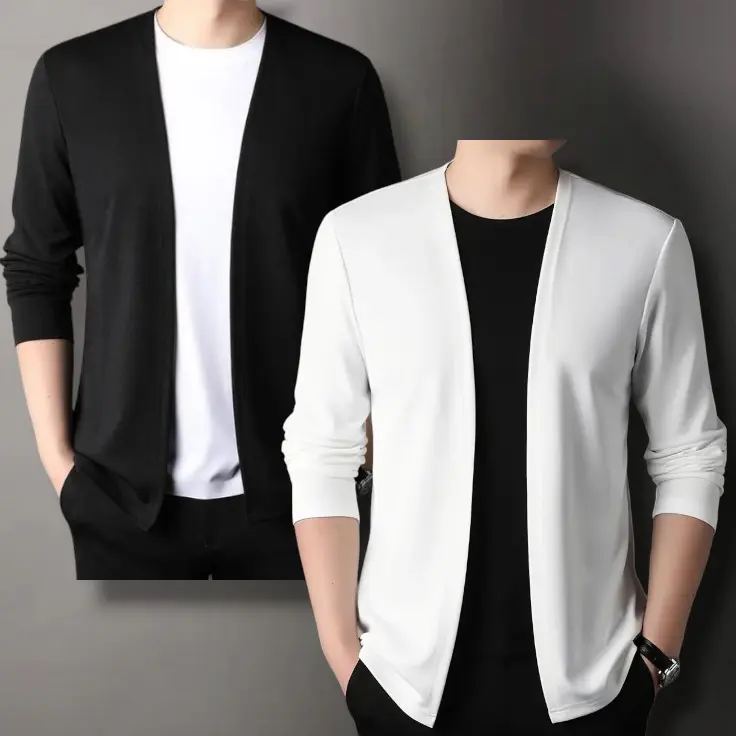 Paket 2 Pcs Kaos Lengan Panjang Cardigan V-neck Atasan Rajut Pria Jahitan Mode Dua Badan Aktif Pakaian Kasual Cowok Pullover