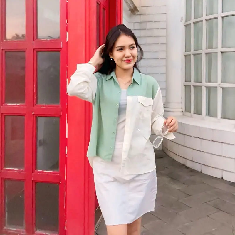 KEMEJA MINORI - YERCYBRY / Kemeja Two Tone / Kemeja Linen Baby Corduroy BW / Kemeja Blouse Serut / Kemeja Kekinian / Kemeja Corduroy / Kemeja Tali Serut Fit Panjang 3