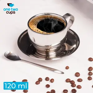 Cangkir Kopi Stainless Steel Spoon Saucer Cup 120ml - 201 - Silver