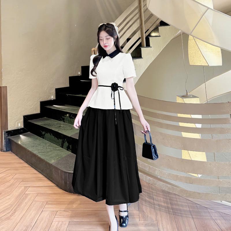 CÓ TÁCH LẺ - Set áo peplum cổ sơ mi phối kèm chân váy xếp ly midi chất vintex tuyết mưa phù hợp đi chơi đi làm đi tiệc