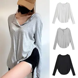 Kaos Kerah Setengah Terbuka Kasual Longgar dan Serbaguna untuk Wanita, Atasan Lengan Panjang Gaya Malas Katun Murni Kualitas Tinggi Terbaru