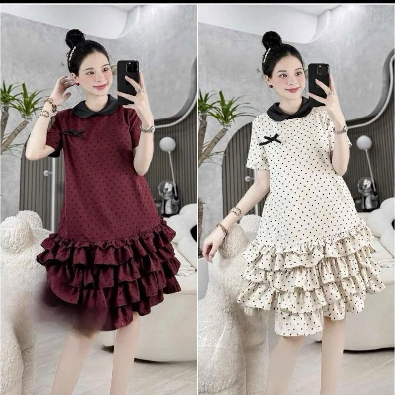  VÁY BẦU babydoll chấm bi chân tầng cổ sen sang chảnh thoáng mát đi tiệc đi chơi đi làm 