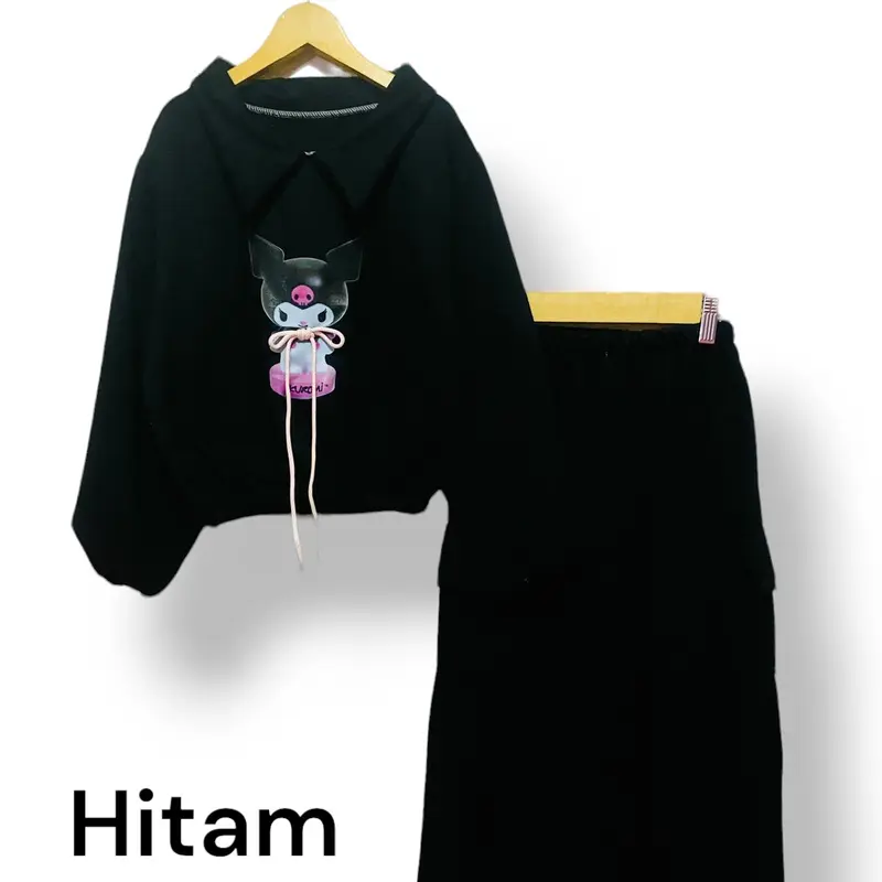 Baju Setelan Sweter Crop Anak Perempuan Gambar Kuromi Viral 3D tali Timbul Celana Cargo usia 2 sampai 12 Tahun 7