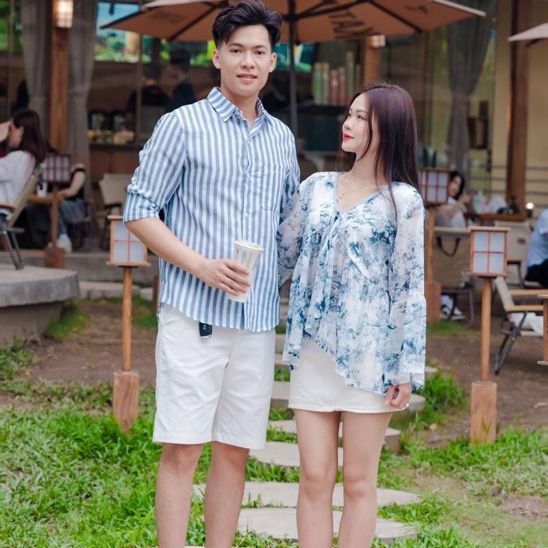 (S - 55 )[Deal MỞ BÁN] Set đồ đôi nam nữ couple hoạ tiết  áo sơmi kẻ dài tay , set đôi mặc cùng người yêu đi biển , đi chơi,chất liệu lụa mềm mịn chuẩn phù mặc đi biển