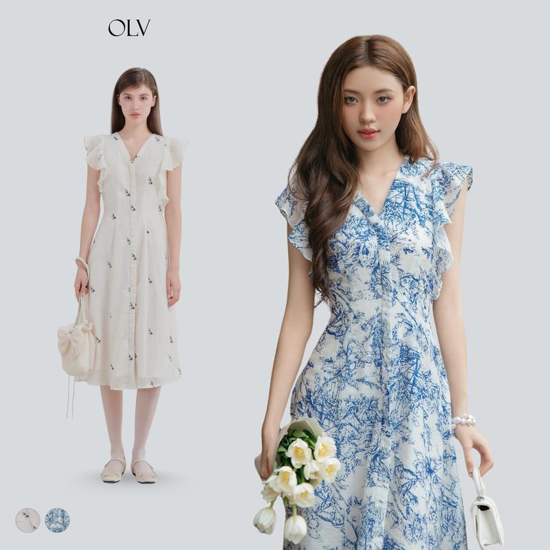 Đầm kiểu voan hoa tay cánh tiên cổ V Selby nhiều màu thanh lịch nữ tính OLV