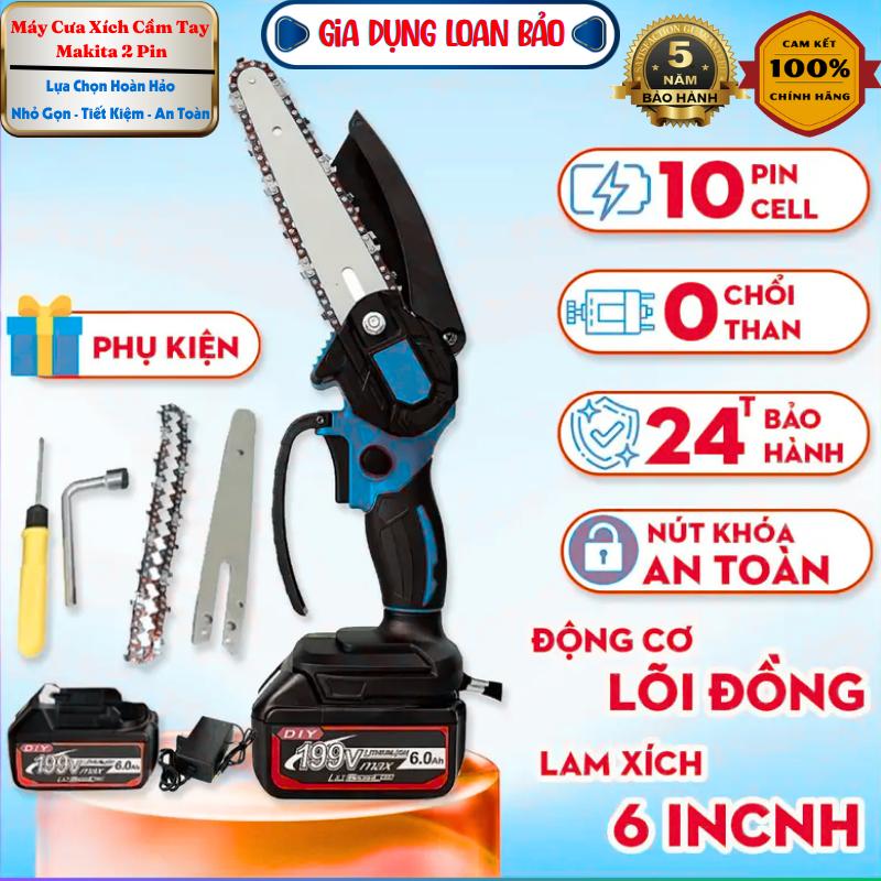 Máy Cưa Xích Cầm Tay 2 PIN MAKITA  199V Tra Nhớt Tự Động Lõi Đồng Mạnh Mẽ Bền Bỉ - Máy Cưa Cầm Tay Mini Cưa Tất Cả Loại Gỗ Siêu Khỏe, Tiện Lợi Dùng Cho Mọi Gia Đình, Bảo Hành 2 Năm