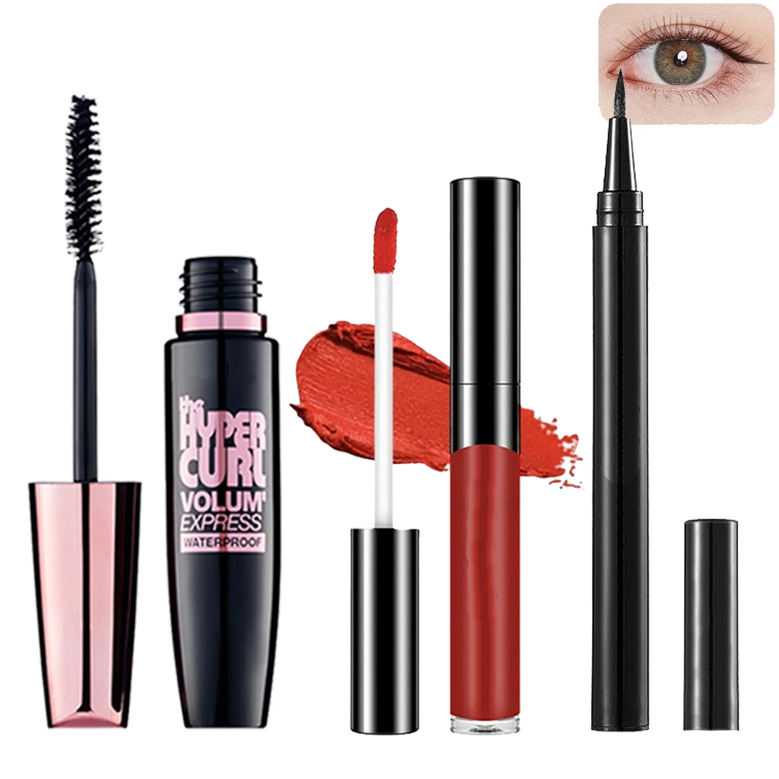 Set Makeup 3IN1 - Maskara, Lipcream, Eyeliner Hitam Waterproof Black Mascara