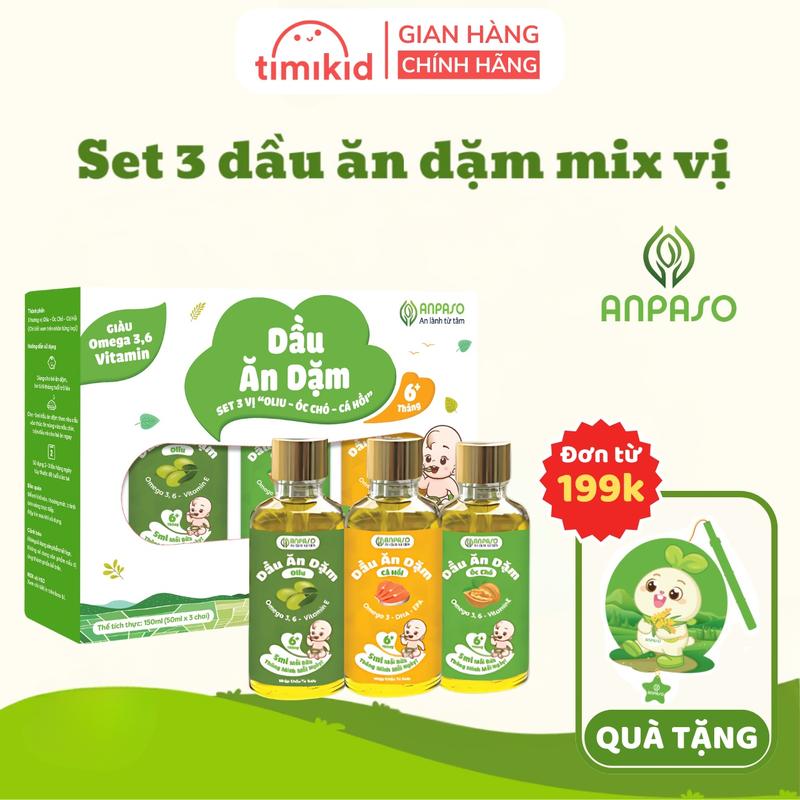 Set 3 dầu ăn dặm Anpaso cho bé 150ml (Oliu 50ml, óc chó 50ml, cá hồi 50ml)