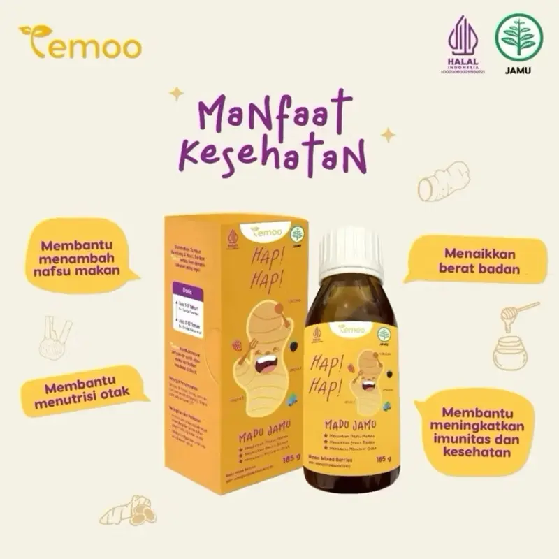 Temoo Hap Hap Madu Jamu Anak - Vitamin Menambah Nafsu Makan & Otak Cerdas 85gr - Sirup Alami untuk Anak 4