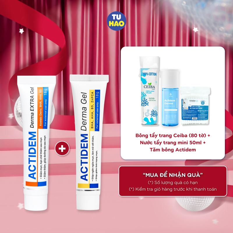   LIVE DEAL GEL MỤN  Gel Mụn Actidem Derma Extra 18g 40g tặng Tăm bông + Nước tẩy trang Actidem 50ml + Bông tẩy trang 80 tờ 