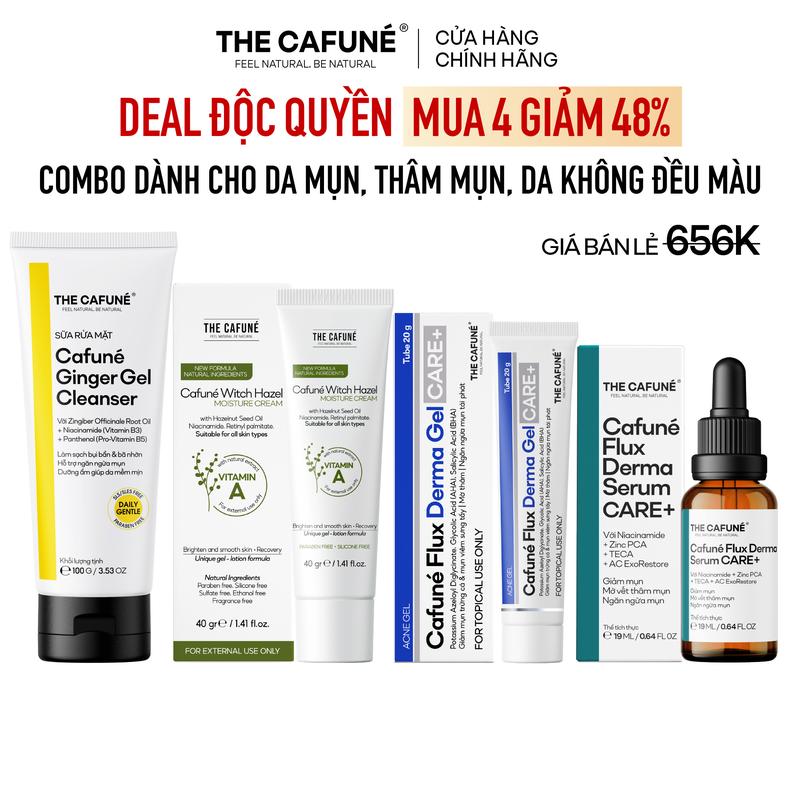 Combo Chăm Sóc Da Mụn: Sữa Rửa Mặt Gừng 120ml + Gel Thoa Mụn Thâm 20g + Kem Dưỡng Ẩm 40g + Serum Cho Da Mụn 19ml The Cafuné- Phù Hợp Mọi Loại Da, Giảm Mụn Thâm, Chăm Sóc Da Toàn Diện
