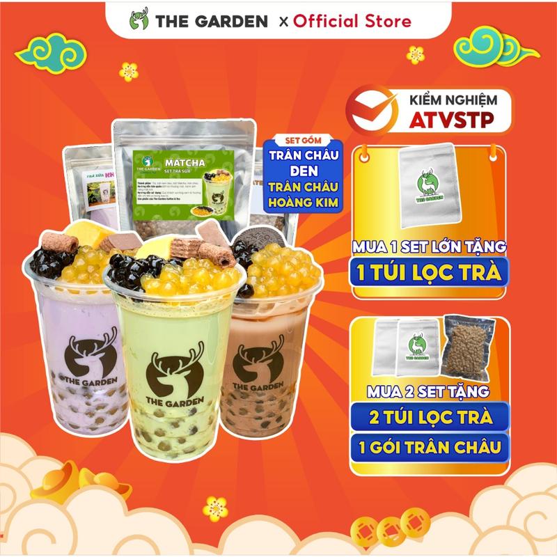 Set Trà Sữa Tự Pha Trân Châu Đường Đen  THE GARDEN, Nguyên Liệu Làm Trà Sữa Phúc Long, Matcha 10 vị 6-8 Ly