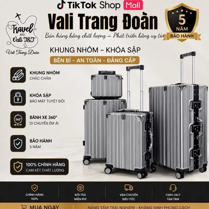 Vali Trang Đoàn TĐ93 Khung Nhôm -2 Khoá Kín,Có Ngăn Chống Nước, Size 24 có 2 khoá, Size 28 Chỉ Có 1 ngăn kín Kèm Dây Đai tăng tối đa diện tích lưu trữ. BH 5 Năm. Nhựa PC Cao Cấp, Bánh Xe Xoay 360° Siêu Êm -TĐ93
