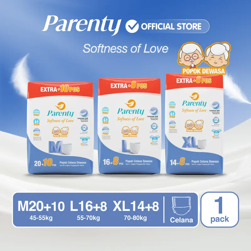 [1 PACK] PARENTY Adult Pants Soft Diapers Middle Flow Size M20+10/L16+8/XL14+8 Kemasan Jumbo Plus Baru Popok Celana Dewasa Lembut Menyerap Cepat Popok orang tua