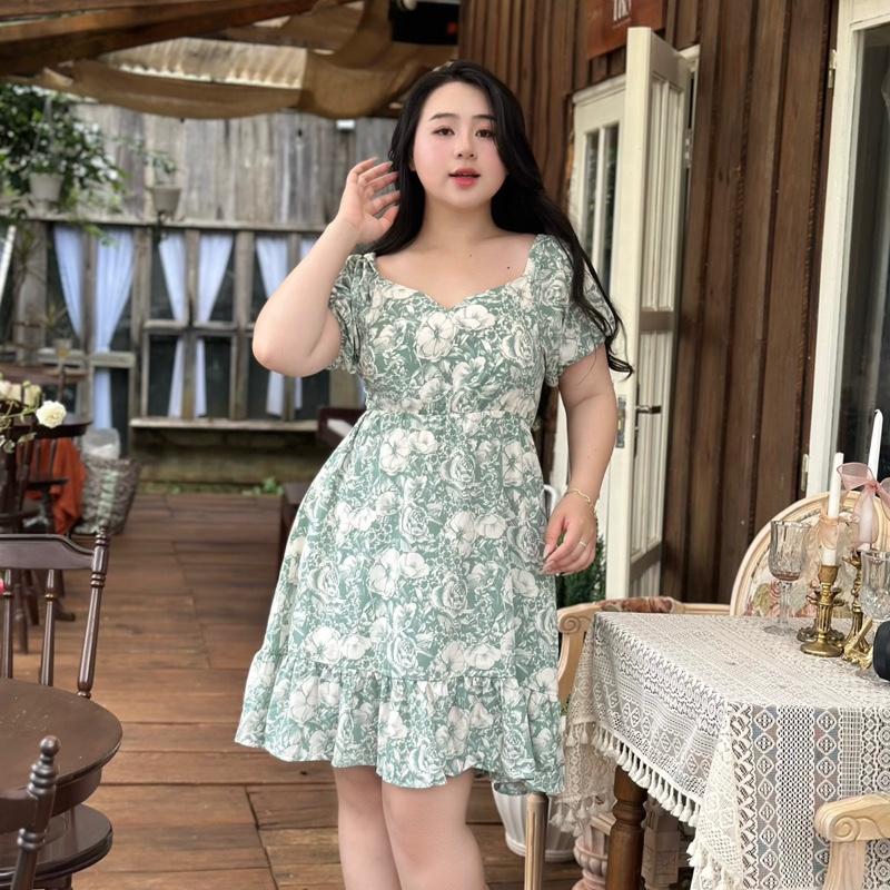 Chubby House Styles-Floral Dress- Đầm big size xòe hoạ tiết hoa cột dây Nữ Women peplum Kem Nhung 0