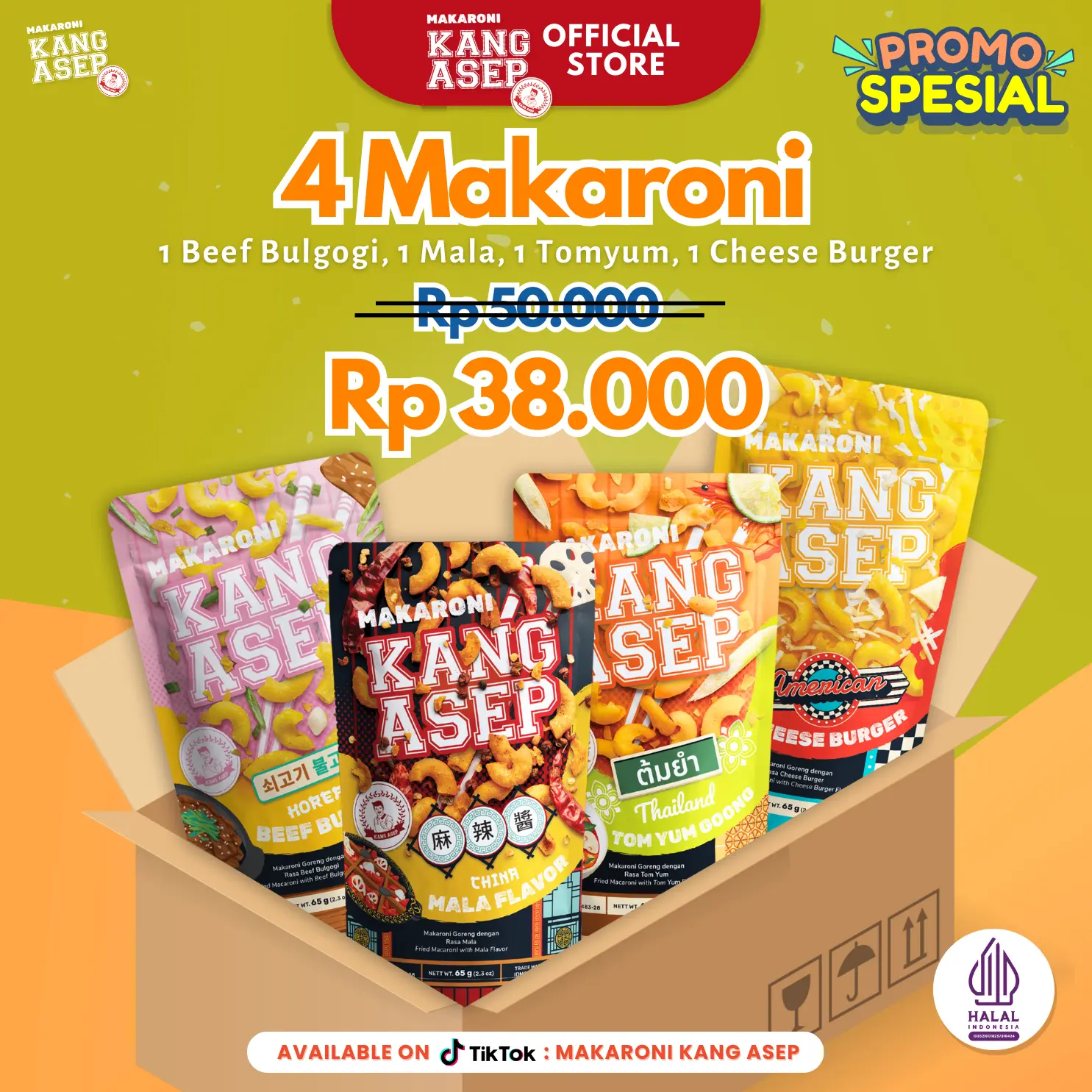 Paket Hemat Makaroni Kang Asep Pouch Bundle 4 varian rasa terbaru (Beef Bulgogi, Mala, Tomyum, Cheese Burger)