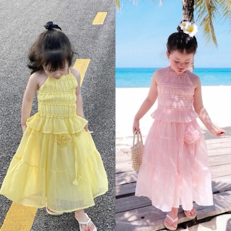 S0607 - Set áo yếm nhún bo chun lưng + chân váy xòe dài mix hoa 2 màu hồng & vàng 9-30 kg dành cho bé gái