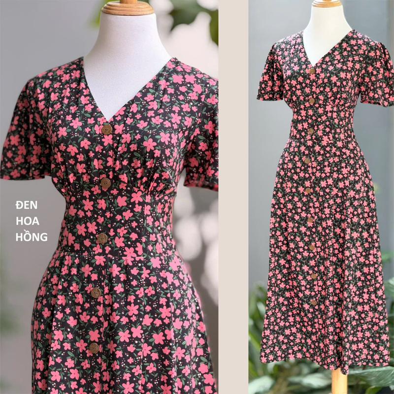 K401 - VÁY HOA CỔ V TAY CÁNH TIÊN DÁNG DÀI