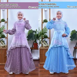 KidsCenter - Gamis Raya Babydoll Brukat Malika Full Puring Warna Anak Perempuan Usia 3 - 12 Tahun / Fashion Raya Anak Motif Bunga Free Belt Mutiara - Baju Gamis Lebaran Viral Free Hijab
