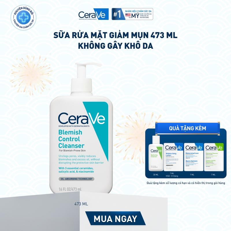   DEAL HOT  Sữa rửa mặt giảm mụn CeraVe Blemish Control Cleanser 473ml. Sữa rửa mặt dịu nhẹ giúp làm sạch bã nhờn dư thừa và giảm mụn với AHA & BHA không làm tổn thương hàng rào bảo vệ da. DÙNG CHO DA MẶT_ Chăm sóc da_Skincare cho Nam và Nữ_Cleansing 