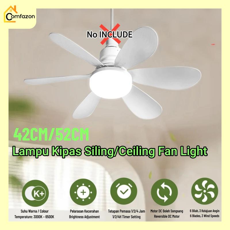 Comfazon 42cm/52cm Kipas Siling LED 6 Bilah 3000K-6500K Lampu Senyap 15 ...