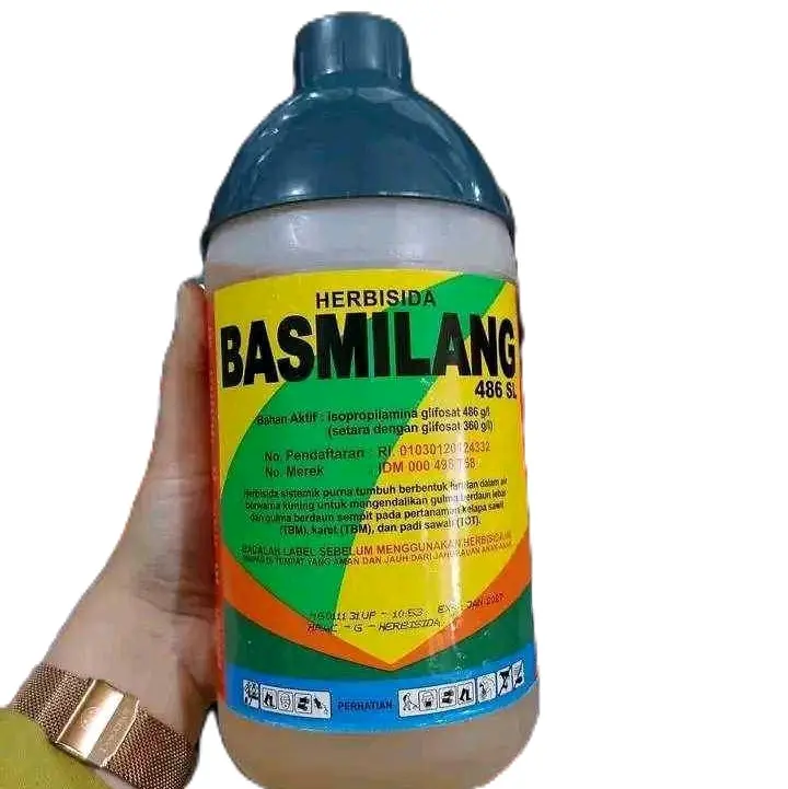 Basmilang 486SL merupakan Herbisida sistemik purna tumbuh berbentuk larutan dalam air yang memiliki bahan aktif isopropil amina glifosat. cairan kuning 0