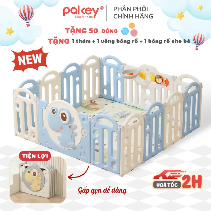 [MẪU MỚI 2025] Quây Cũi Nhựa Gấp Gọn Pakey Khủng Long Tặng Bóng, Thảm & Bóng Rổ Cho Bé, Quây Nhựa Đáng Yêu Cho Bé