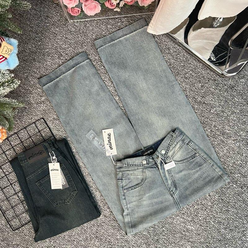   MINAE STUDIO  Quần Jean Ống Suông Nữ Phối BẺ LƯNG ĐÔI Lai 3p Vải Dày Dặn 