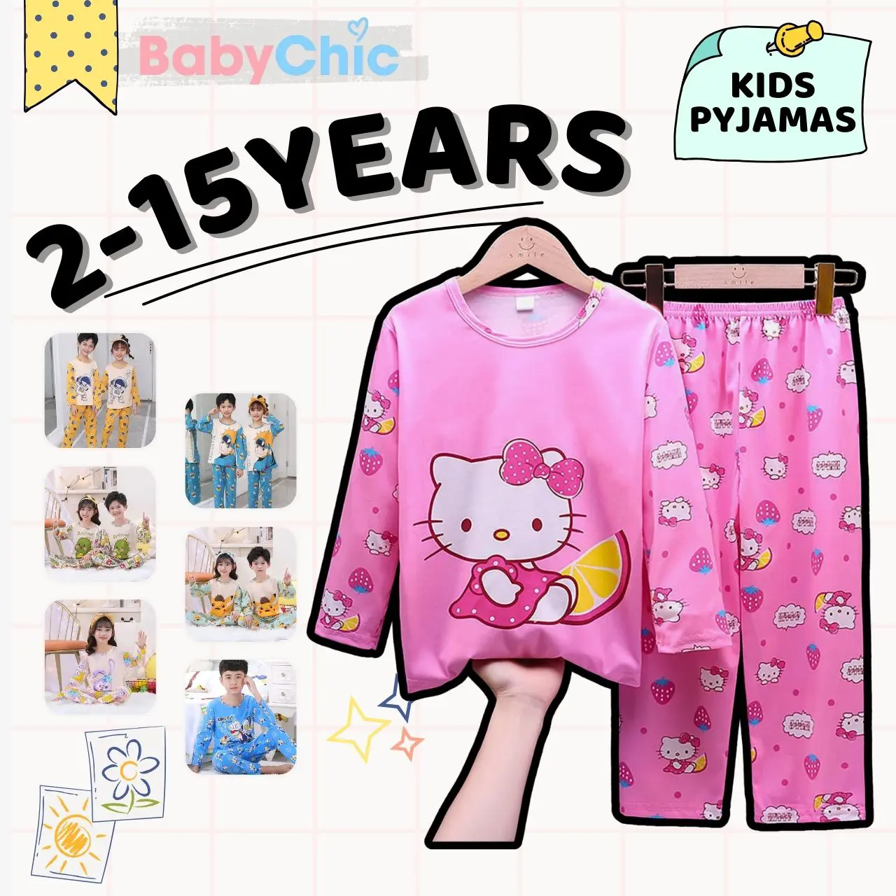 Kids Long Sleeve Pajamas Set Kanak Baju Tidur Budak Perempuan Lelaki Lengan Panjang 2 - 15 Years