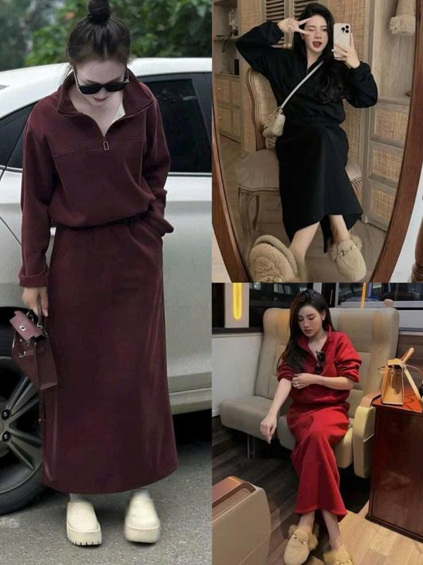   Sẵn Hàng   DEAL MỞ BÁN   SÉT BỘ NỈ KAB NỮ ÁO DÀI TAY PHỐI CHÂN VÁY DÀI FORM A NHẸ CHẤT NỈ ÉP HÀN ,KIỂU DÁNG THỂ THAO,TRẺ TRUNG,NĂNG ĐỘNG MS447 