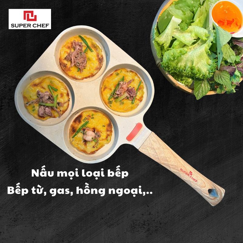 Chảo 4 ngăn làm bánh/ đổ bánh xèo mini Super Chef vân đá phù hợp với mọi loại bếp nồi