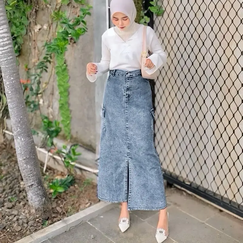 Rok Jeans Cargo Wanita Korean Style - Rok Belah Depan Cewek Hitam rok span