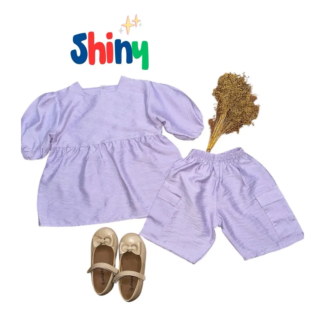 Shiny One Set Setelan Anak Perempuan Polo Linen Lengan Balon one set korean style