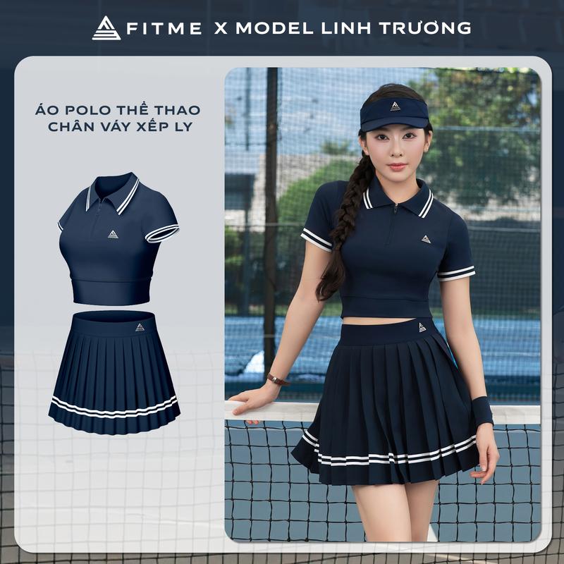 Bộ đồ Pickleball, cầu lông, tennis nữ Fitme EA áo Polo tôn dáng, chân váy xếp ly Navy năng động có quần bảo hộ